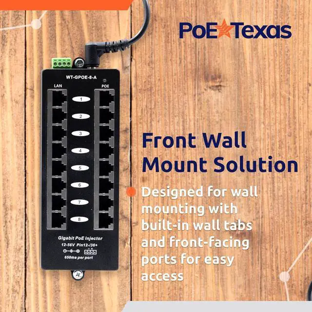 Alt view image 5 of 7 - PoE Texas 8 Port PoE Injector - Gigabit Passive Power Over Ethernet Midspan - Front Wall Mount for Security Cameras, IP Phones, WiFi APs - Works with Non-PoE Switch, Includes 48v 60w Power Supply