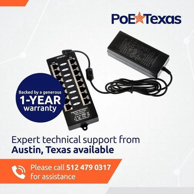 Alt view image 7 of 7 - PoE Texas 8 Port PoE Injector - Gigabit Passive Power Over Ethernet Midspan - Front Wall Mount for Security Cameras, IP Phones, WiFi APs - Works with Non-PoE Switch, Includes 48v 60w Power Supply