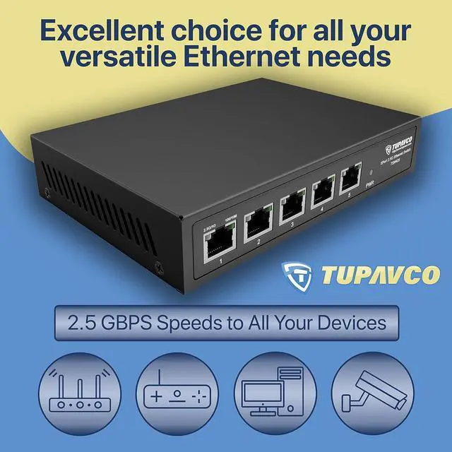Alt view image 2 of 7 - 2.5GB Switch (5 Port) for Ethernet Network - High Speed 10M/100M/1G/2.5G Gigabit (802.3bz) - Unmanaged Plug & Play Fanless LAN Splitter - Metal Case - Wall Mountable - Tupavco TP1940