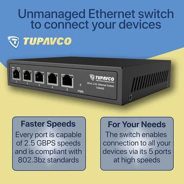 Alt view image 6 of 7 - 2.5GB Switch (5 Port) for Ethernet Network - High Speed 10M/100M/1G/2.5G Gigabit (802.3bz) - Unmanaged Plug & Play Fanless LAN Splitter - Metal Case - Wall Mountable - Tupavco TP1940