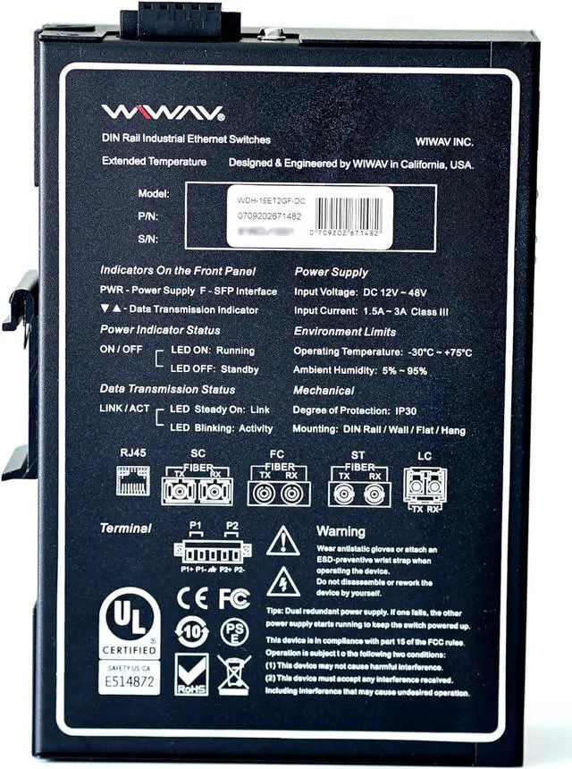 Alt view image 2 of 5 - WIWAV WDH-16ET2GF-DC 10/100Mbps Unmanaged 18-Port Industrial Ethernet Switches with DIN Rail/Wall-Mount (UL Listed,Fanless,-30~75)