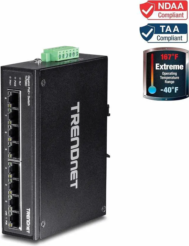 Alt view image 2 of 7 - TRENDnet 8-Port Hardened Industrial Unmanaged Gigabit PoE+ DIN-Rail Switch, TI-PG80, 200W Full PoE+ Power Budget, 16 Gbps Switching Capacity, IP30 Rated Network Switch, Lifetime Protection, Black