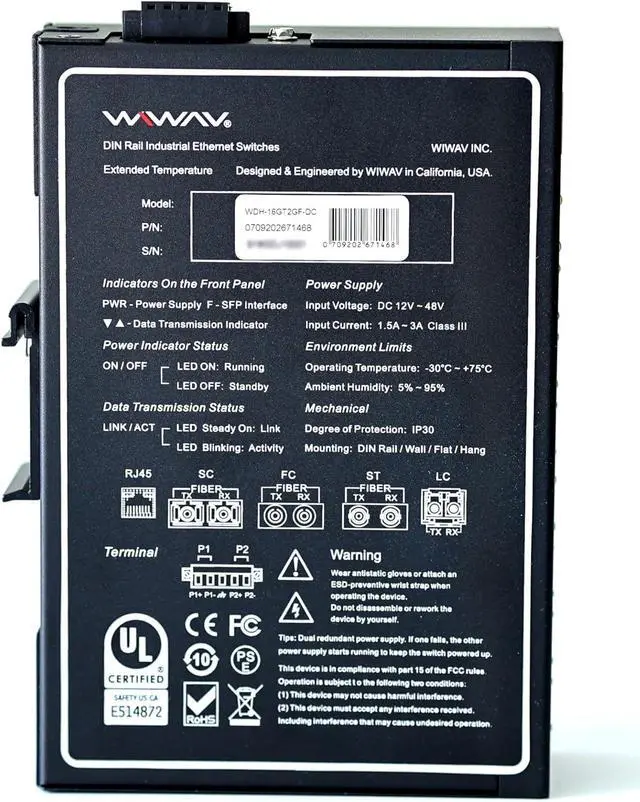 Alt view image 2 of 5 - WIWAV WDH-16GT2GF-DC 10/100/1000Mbps Unmanaged 18-Port Gigabit Industrial Ethernet Switches with DIN Rail/Wall-Mount (UL Listed,Fanless,-30~75)
