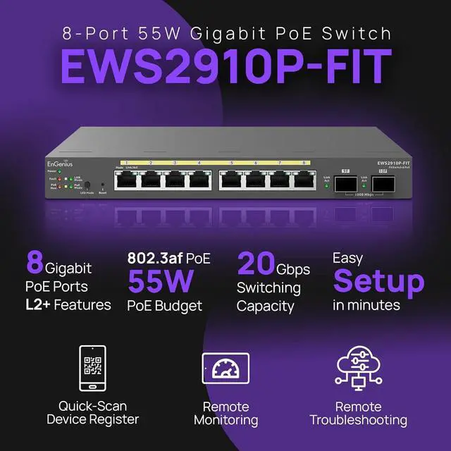 Alt view image 2 of 6 - EnGenius Fit L2 Plus Managed 8-Port Gigabit PoE Switch | 55W Budget | 2 SFP Uplink Ports | 20 Gbps switching capacity [EWS2910P-FIT]