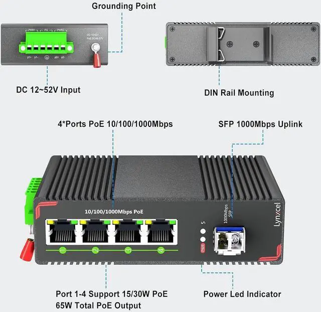 Alt view image 2 of 7 - 5-Port Industrial PoE Gigabit Din Rail Ethernet Switch, 4 x Gigabit PoE+ Ports, 65W PoE 48V Output, 1 x SFP Gigabit Slot with One Gigabit SFP LC Module, IP40 Unmanaged, with Power Supply