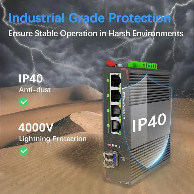 Alt view image 6 of 7 - 5-Port Industrial PoE Gigabit Din Rail Ethernet Switch, 4 x Gigabit PoE+ Ports, 65W PoE 48V Output, 1 x SFP Gigabit Slot with One Gigabit SFP LC Module, IP40 Unmanaged, with Power Supply