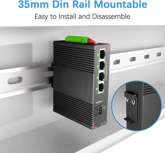 Alt view image 7 of 7 - 5-Port Industrial PoE Gigabit Din Rail Ethernet Switch, 4 x Gigabit PoE+ Ports, 65W PoE 48V Output, 1 x SFP Gigabit Slot with One Gigabit SFP LC Module, IP40 Unmanaged, with Power Supply
