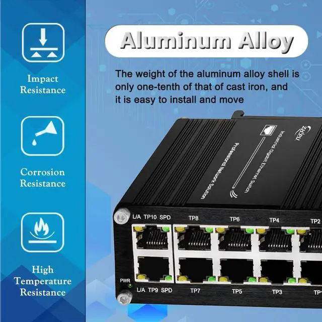 Alt view image 2 of 6 - Ndarepoo Mini Industrial 10 Ports Gigabit Ethernet Switch Hardened RJ45 10/100/1000Mbps Din Rail Mount Switch 12~48V DC