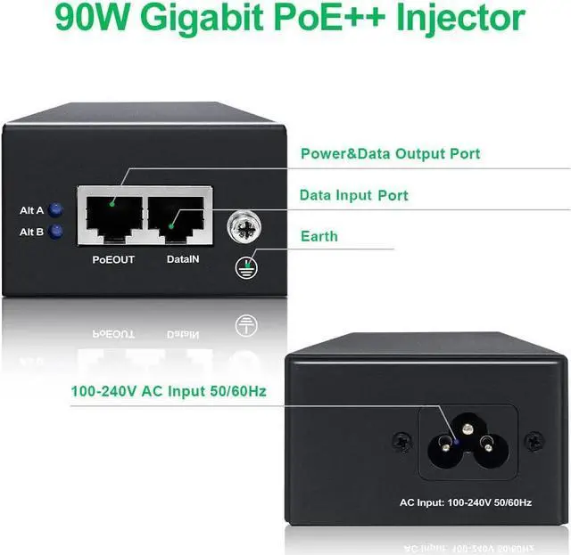 Alt view image 2 of 4 - PE90-BT | 90W Gigabit Ultra PoE++ Injector, 56V Power on Ethernet Adapter,Comply with IEEE 802.3bt/at/af, 10/100/1000Mbps Shielded RJ-45 Ports,Metal Housing,Plug and Play