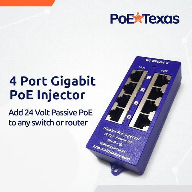 Alt view image 2 of 6 - PoE Texas 4 Port 24V Passive PoE Injector with 24V 30W UL/FCC Certified Power Supply - Gigabit Injector - Passive Power Over Ethernet Multi Port PoE Adapter for Ubiquiti, Mikrotik, 24 Volt PoE Devices