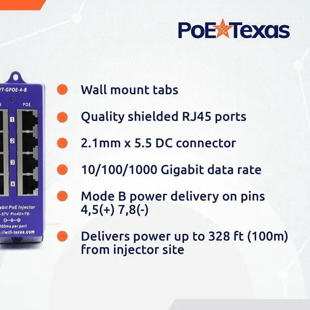 Alt view image 4 of 6 - PoE Texas 4 Port 24V Passive PoE Injector with 24V 30W UL/FCC Certified Power Supply - Gigabit Injector - Passive Power Over Ethernet Multi Port PoE Adapter for Ubiquiti, Mikrotik, 24 Volt PoE Devices