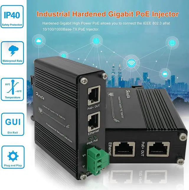 Alt view image 2 of 7 - Hardened Industrial Gigabit PoE+ Injector 12-48VDC Input with DIN-Rail and Wall Mount Connecting The IEEE 802.3 af/at PoE Device (30W)