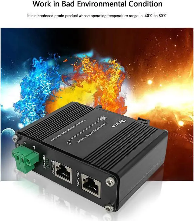 Alt view image 6 of 7 - Hardened Industrial Gigabit PoE+ Injector 12-48VDC Input with DIN-Rail and Wall Mount Connecting The IEEE 802.3 af/at PoE Device (30W)