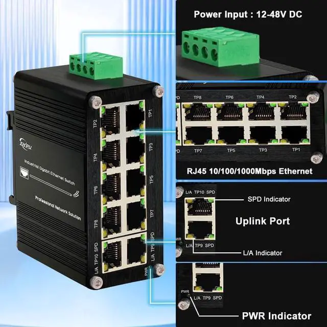 Alt view image 3 of 6 - Ndarepoo Mini Industrial 10 Ports Gigabit Ethernet Switch Hardened RJ45 10/100/1000Mbps Din Rail Mount Switch 12~48V DC