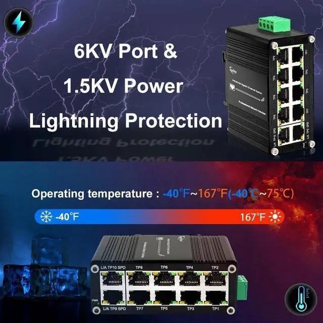 Alt view image 6 of 6 - Ndarepoo Mini Industrial 10 Ports Gigabit Ethernet Switch Hardened RJ45 10/100/1000Mbps Din Rail Mount Switch 12~48V DC