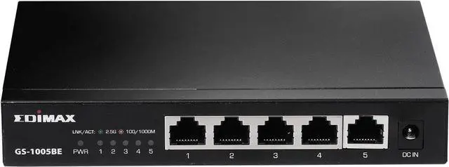 Main image of EDiMAX 2.5Gbps Ethernet 5-Port Switch. 2500/1000/100Mbps. Metal Chassis, Wall-mountable, Designed for NAS and workstations, Works with CAT5E, GS-1005BE