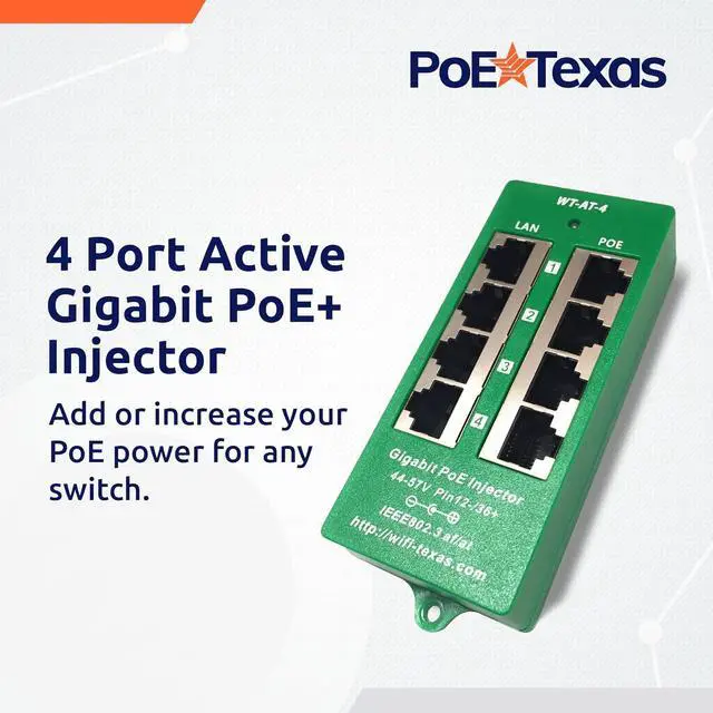 Alt view image 2 of 6 - PoE Texas 4 Port PoE/PoE+ Injector with 48V 60W Power Supply - Gigabit Injector - Active Mode A Power Over Ethernet Multi Port PoE Adapter - Supports 4 PoE (802.3af or at) up to 60 watts