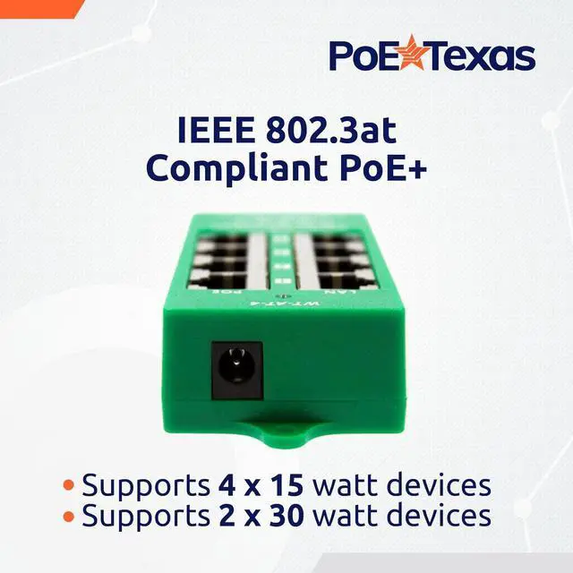 Alt view image 3 of 6 - PoE Texas 4 Port PoE/PoE+ Injector with 48V 60W Power Supply - Gigabit Injector - Active Mode A Power Over Ethernet Multi Port PoE Adapter - Supports 4 PoE (802.3af or at) up to 60 watts