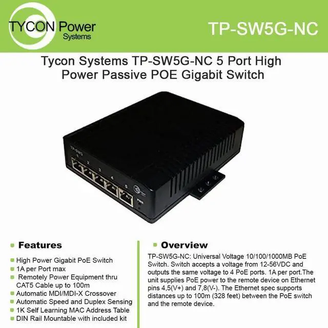 Main image of Tycon Systems TP-SW5G-NC 5 Port High Power Passive POE Gigabit Switch - 12-56V