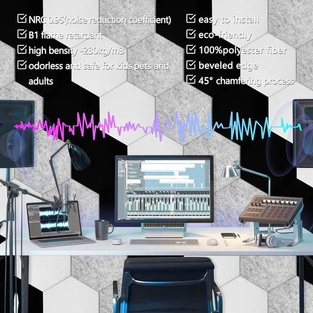 Alt view image 4 of 7 - 18 Pack Hexagon Acoustic Panels, 12" X 10" X 0.4" High Density Sound Absorbing Panels Soundproof Wall Panels For Home Sound proof Insulation Beveled Edge Studio Treatment Tiles (Gray)