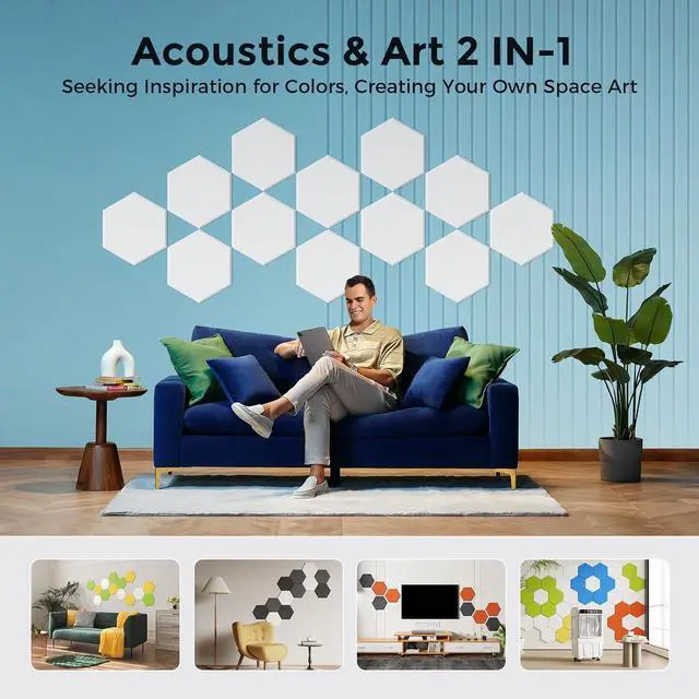 Alt view image 5 of 7 - Dexmoko Self-Adhesive Acoustic Panels [390 lbs/yd³ Ultra-High Density], 2nd Generation Sound Absorbing Panel, Professional Level Sound Panel, Polyester Soundproof Foam [Size M, Orange & Moon Grey]