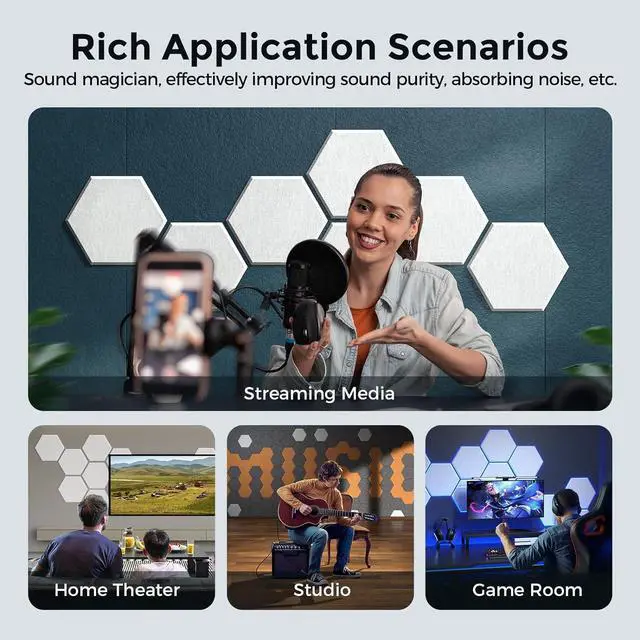 Alt view image 6 of 7 - Dexmoko Self-Adhesive Acoustic Panels [390 lbs/yd³ Ultra-High Density], 2nd Generation Sound Absorbing Panel, Professional Level Sound Panel, Polyester Soundproof Foam [Size M, Orange & Moon Grey]