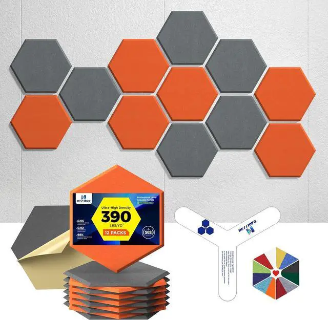 Main image of Dexmoko Self-Adhesive Acoustic Panels [390 lbs/yd³ Ultra-High Density], 2nd Generation Sound Absorbing Panel, Professional Level Sound Panel, Polyester Soundproof Foam [Size M, Orange & Moon Grey]