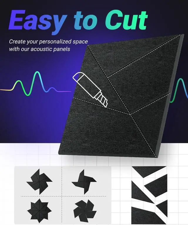 Alt view image 6 of 7 - Soundproof Wall Panels 18 Pack, Decorative Acoustic Panels with Noise Reduction, Self-Adhesive & Easy to Cut for Room, Studio, Apartment, Home Theater, Gaming Room (12"x12"x0.4", Black)