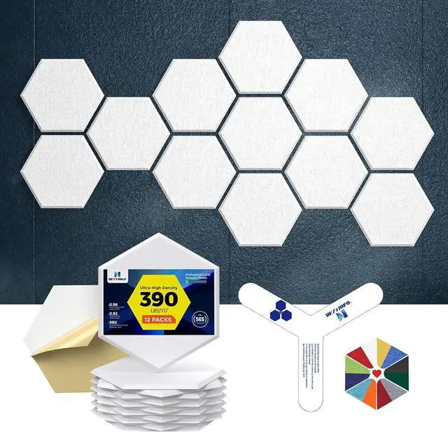 Main image of Dexmoko Self-Adhesive Acoustic Panels [390 lbs/yd³ Ultra-High Density], 2nd Generation Sound Absorbing Panel, Professional Level Sound Panel, Polyester Soundproof Foam [Size L, White]