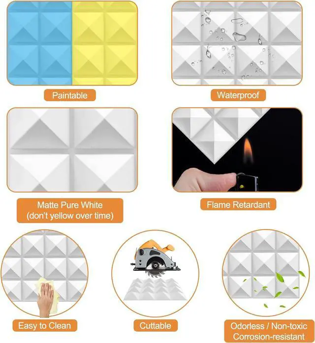 Alt view image 4 of 6 - TroyStudio Acoustic Sound Diffuser Panels, 12 X 12 X 1 inches 16 Pcs PVC Plastic Wall Panel, Recording Studio Acoustical Treatments Diffusion panel, 3d Art Decorative Ceiling Tiles (Pyramid, White)