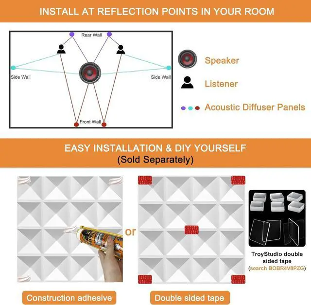Alt view image 6 of 6 - TroyStudio Acoustic Sound Diffuser Panels, 12 X 12 X 1 inches 16 Pcs PVC Plastic Wall Panel, Recording Studio Acoustical Treatments Diffusion panel, 3d Art Decorative Ceiling Tiles (Pyramid, White)