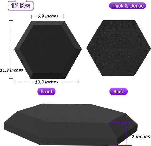Alt view image 2 of 6 - TroyStudio Thick Acoustic Foam Panels, 13.8 X 11.8 X 2 Inches 12 Pcs Hexagon Sound Absorbing Foam, Dense Soundproof Padding Tile, Recording Studio Foam Absorber, Decorative 3D Wall Ceiling Panel