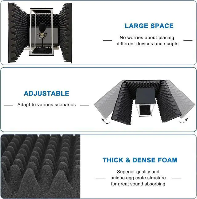 Alt view image 4 of 6 - Large Microphone Isolation Shield, Foldable Vocal Booth Reflection Filter, 2 Inches Thick Acoustic Foam Panel Music Sing Podcast Recording Studio Adjustable Sound Box for Desk & Laptop