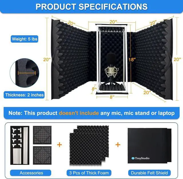 Alt view image 2 of 6 - Large Microphone Isolation Shield, Foldable Vocal Booth Reflection Filter, 2 Inches Thick Acoustic Foam Panel Music Sing Podcast Recording Studio Adjustable Sound Box for Desk & Laptop