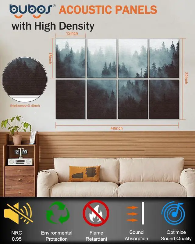 Alt view image 3 of 7 - BUBOS 8 Pack Art Acoustic Panels Soundproof Wall Panels,48X32Inches Sound Absorbing Panels,Decorative Acoustical Wall Panels, Acoustic Treatment for Recording Studio,Adhesive Included,Fog Forest