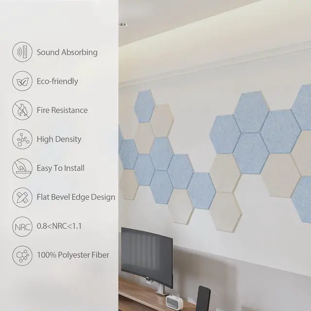 Alt view image 3 of 7 - Amantech 12 Pack Acoustic Panels Self Adhesive Sound Proof Foam, High Density Sound Acoustic Foam Panel, 12X10.23X0.4 Inch Hexagon Wall Panels in Home,Office,Reccording Room,Studio(Beige)