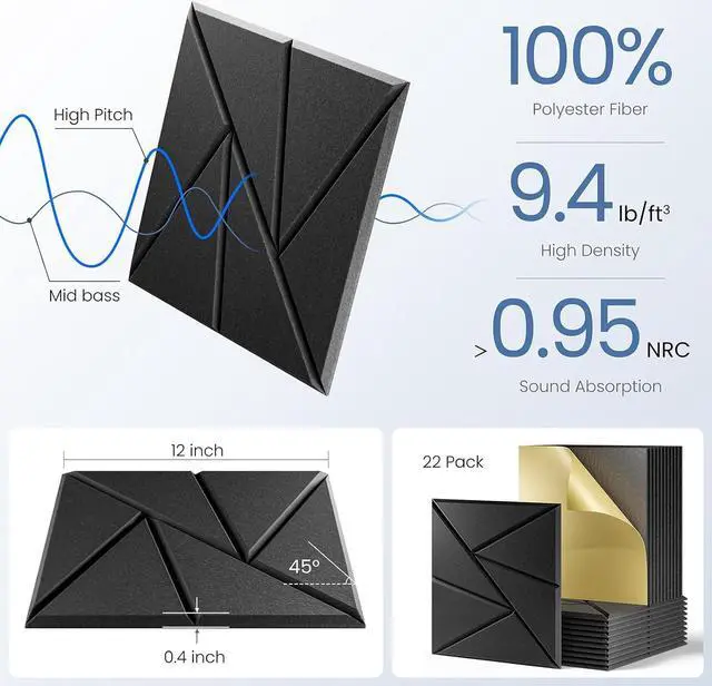 Alt view image 5 of 6 - 22 pack Acoustic Panels With Self-Adhesive, 12"X 12"X 0.4"Sound Proof Foam Panels, Sound Panels High Density, Soundproof Wall Panels for Home Studio Office-Black