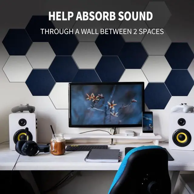 Alt view image 3 of 7 - Hexagon Acoustic Panels, High Density, Sound Proofing, Decorative Noise Reduction Felt Wall Tiles for Ceilings, Home Office & Gaming Room (Black), 14x12x0.4 Inch, Mollywell