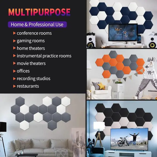 Alt view image 6 of 7 - Hexagon Acoustic Panels, High Density, Sound Proofing, Decorative Noise Reduction Felt Wall Tiles for Ceilings, Home Office & Gaming Room (Black), 14x12x0.4 Inch, Mollywell