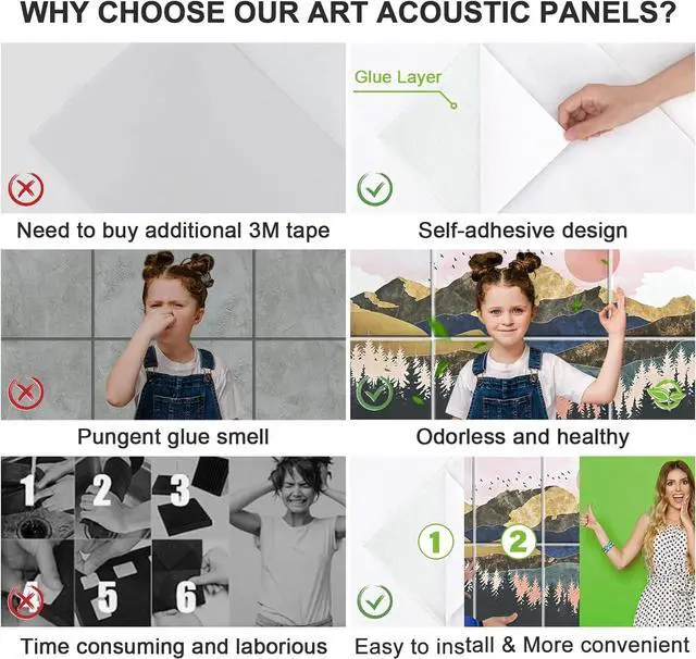 Alt view image 4 of 6 - Tutmyrea Art Acoustic Panels, 48"X32" Self-adhesive Sound Proofing Padding, 8 Pack Acoustical Soundproof Wall Panels, Decorative Sound Absorbing Panels for Home & Office (Mountain Tree)