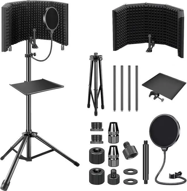 Main image of Aokeo Studio Recording Microphone Isolation Shield with Pop Filter & Tripod Stand, High Density Absorbent Foam to Filter Vocal, Foldable Sound Shield for Blue Yeti and Condenser Microphones