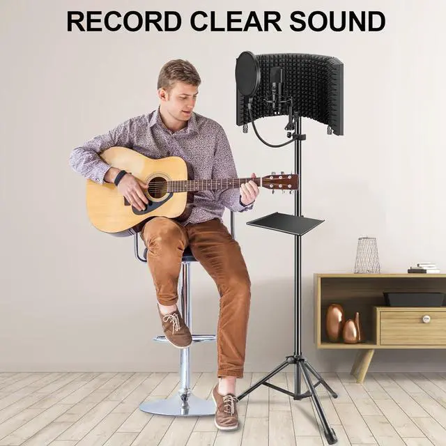 Alt view image 2 of 7 - Aokeo Studio Recording Microphone Isolation Shield with Pop Filter & Tripod Stand, High Density Absorbent Foam to Filter Vocal, Foldable Sound Shield for Blue Yeti and Condenser Microphones