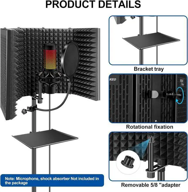 Alt view image 4 of 7 - Aokeo Studio Recording Microphone Isolation Shield with Pop Filter & Tripod Stand, High Density Absorbent Foam to Filter Vocal, Foldable Sound Shield for Blue Yeti and Condenser Microphones