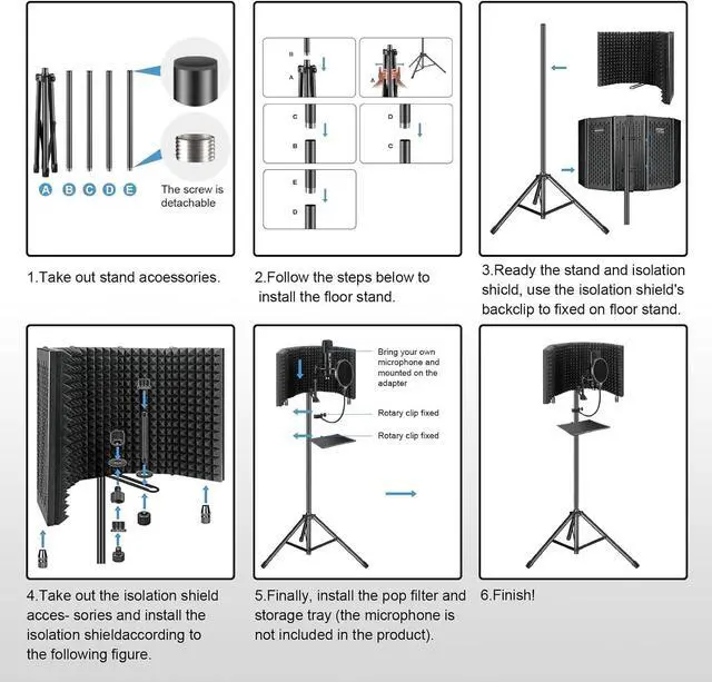 Alt view image 6 of 7 - Aokeo Studio Recording Microphone Isolation Shield with Pop Filter & Tripod Stand, High Density Absorbent Foam to Filter Vocal, Foldable Sound Shield for Blue Yeti and Condenser Microphones