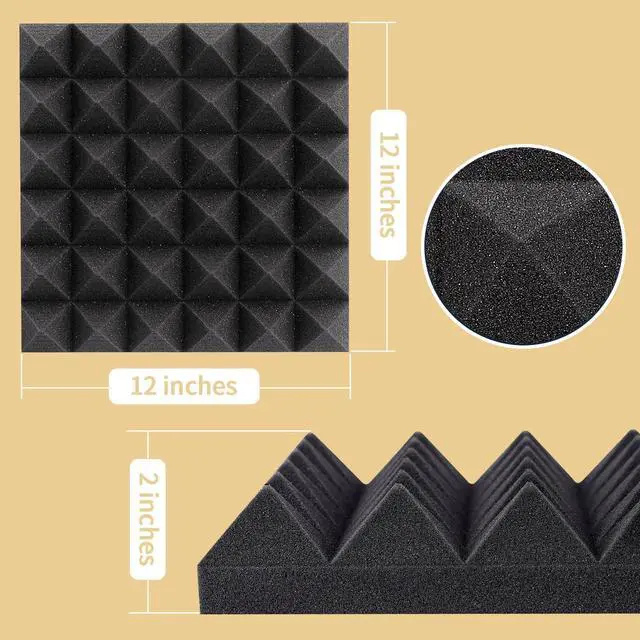 Alt view image 2 of 6 - 36 Pack Auslet Acoustic Panels 12 x 12 x 2 Inches, Pyramid Soundproof Wall Panels, High Density 30kg/m3, Black Acoustic Foam Panels, Sound Proof Panels for Walls