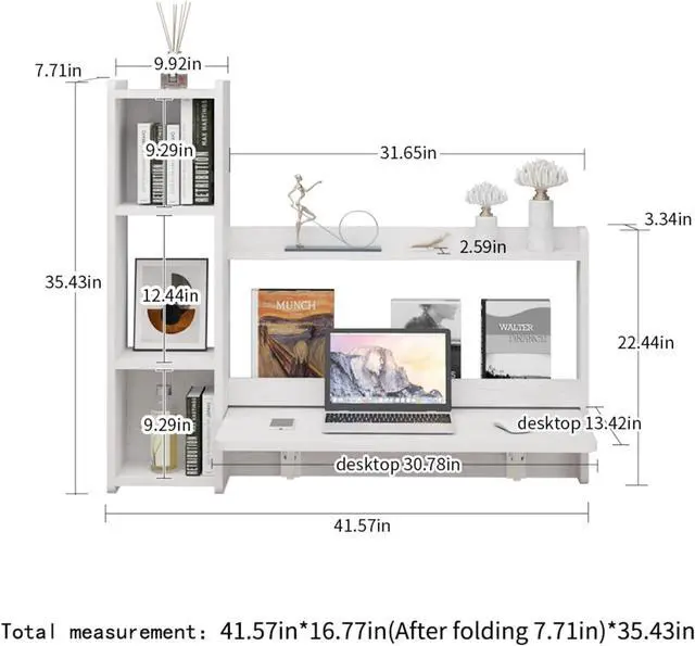Alt view image 5 of 7 - Pmnianhua Floating Desk,41'' Wall Mounted Desk Fold Down Laptop Desk Folding Space Saving Table Workstation with Storage Shelves for Bedroom Study Room Small Space (Off White-Right)