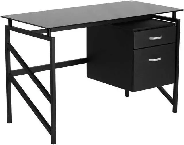 Main image of Flash Furniture Singleton Glass Desk with Two Drawer Pedestal,Black
