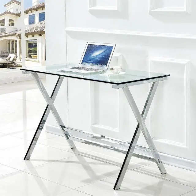 Alt view image 2 of 7 - SMARTIK Modern Glass Computer Desk, Clear Study Table - Gaming Desks, Study Desk, and Workstation Table for Small Spaces - Stainless Steel Frame 43.5" x 21.7" x 29.9"