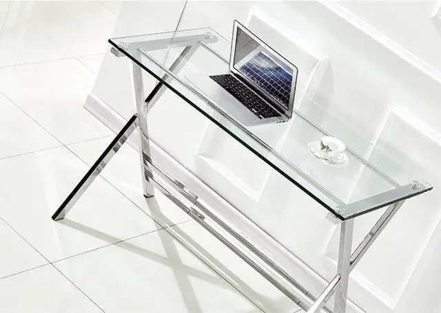Alt view image 5 of 7 - SMARTIK Modern Glass Computer Desk, Clear Study Table - Gaming Desks, Study Desk, and Workstation Table for Small Spaces - Stainless Steel Frame 43.5" x 21.7" x 29.9"