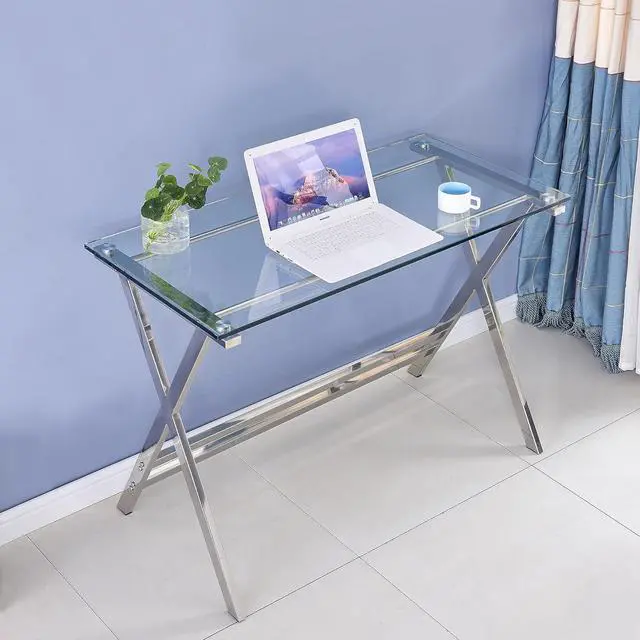 Alt view image 7 of 7 - SMARTIK Modern Glass Computer Desk, Clear Study Table - Gaming Desks, Study Desk, and Workstation Table for Small Spaces - Stainless Steel Frame 43.5" x 21.7" x 29.9"